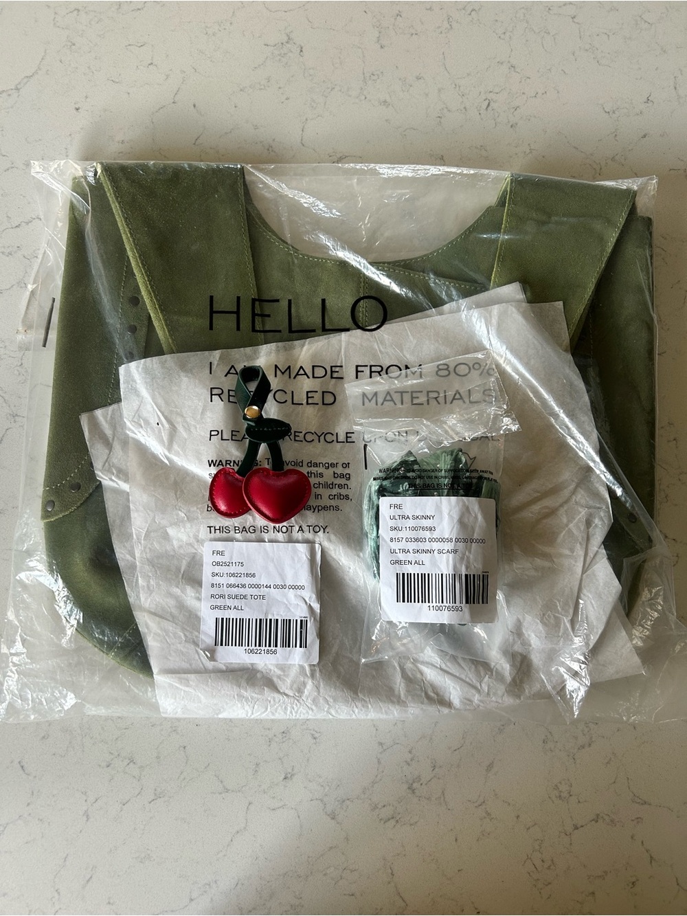 NWT Free People Matcha Rori Suede Tote  w/ FP Ultra Skinny Scarf & Cherry Charm - Picture 6 of 16
